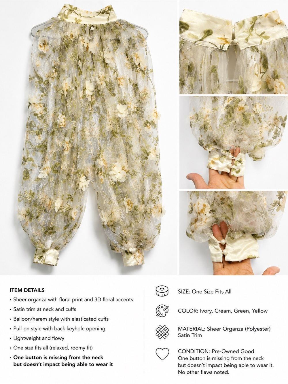 AKIRA Sheer Floral Organza Blouse in Ivory, Cream & Green